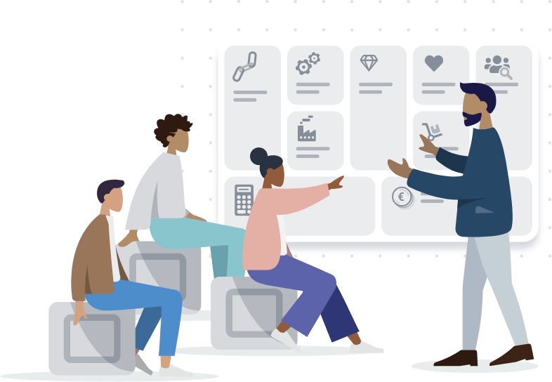 Illustration einer Menschengruppe vor einem Business Model Canvas in einer Infinity Map.